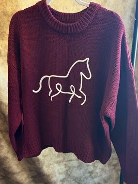 Maroon Horse Embroidered Crewneck Sweater - Women